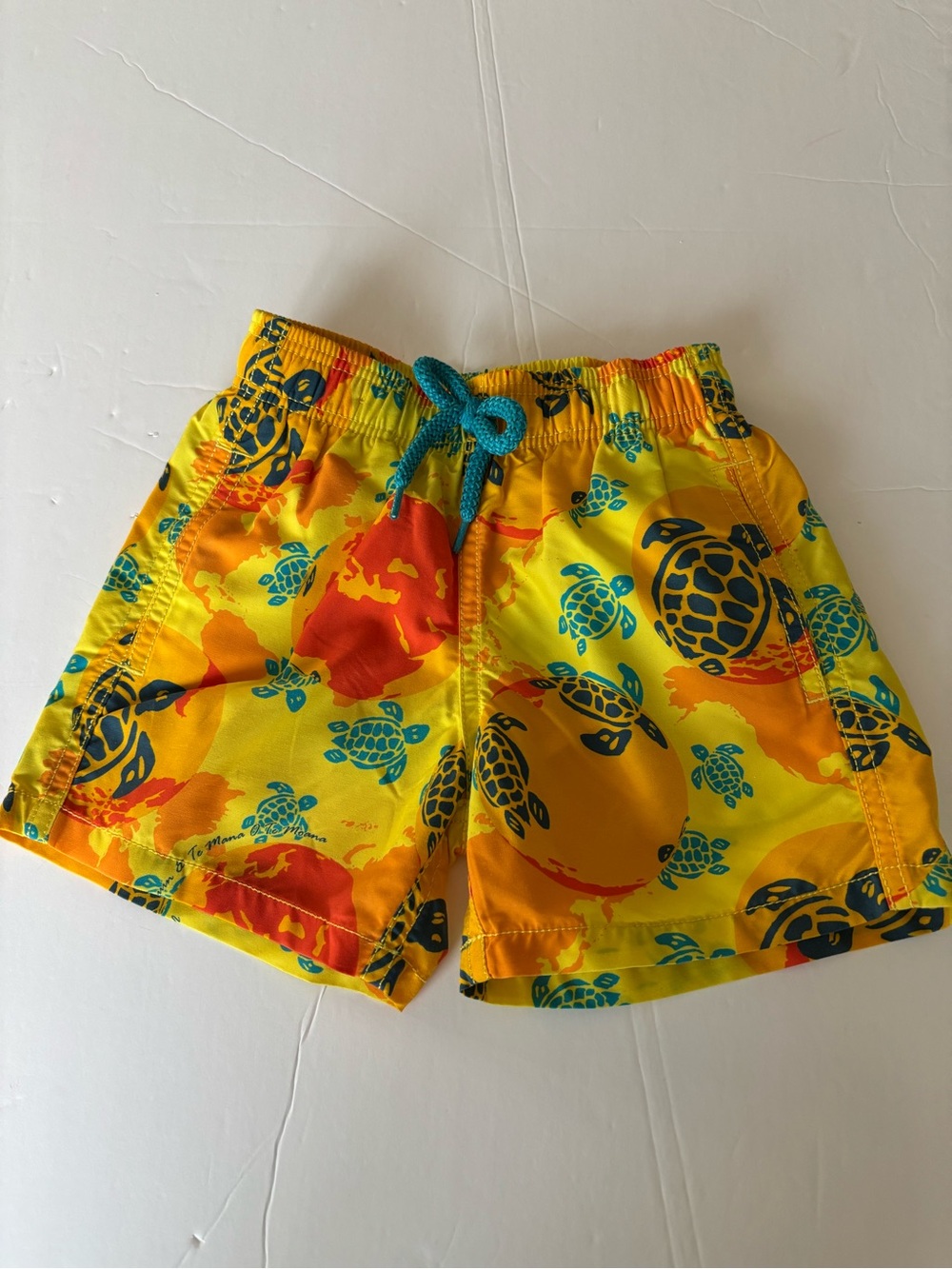 Vilebrequin Yellow Swim Shorts with Teal & Orange Turtle Print